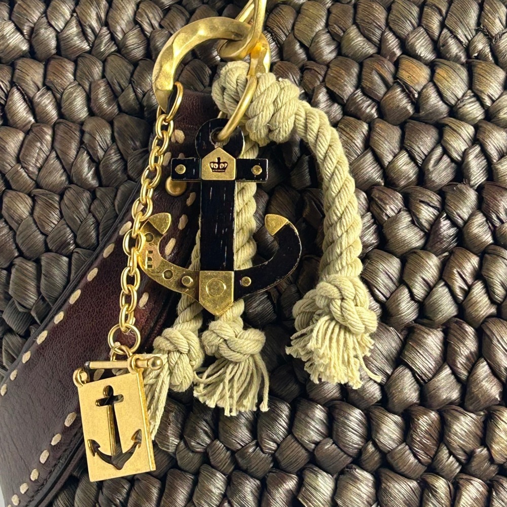 Juicy Couture Y2K Woven Straw Nautical Anchor Charm Tote Bag Brown - Picture 3 of 16